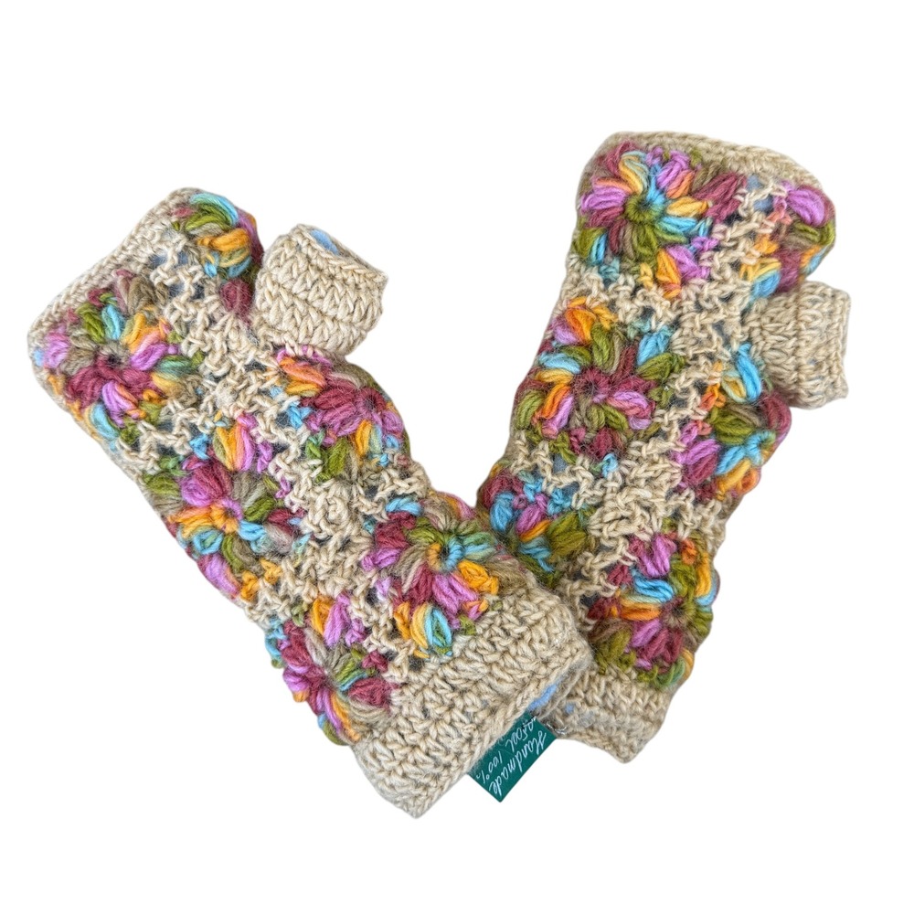 Handmade Wool Crochet Fingerless Gloves Floral Boho OS Multicolor vintage